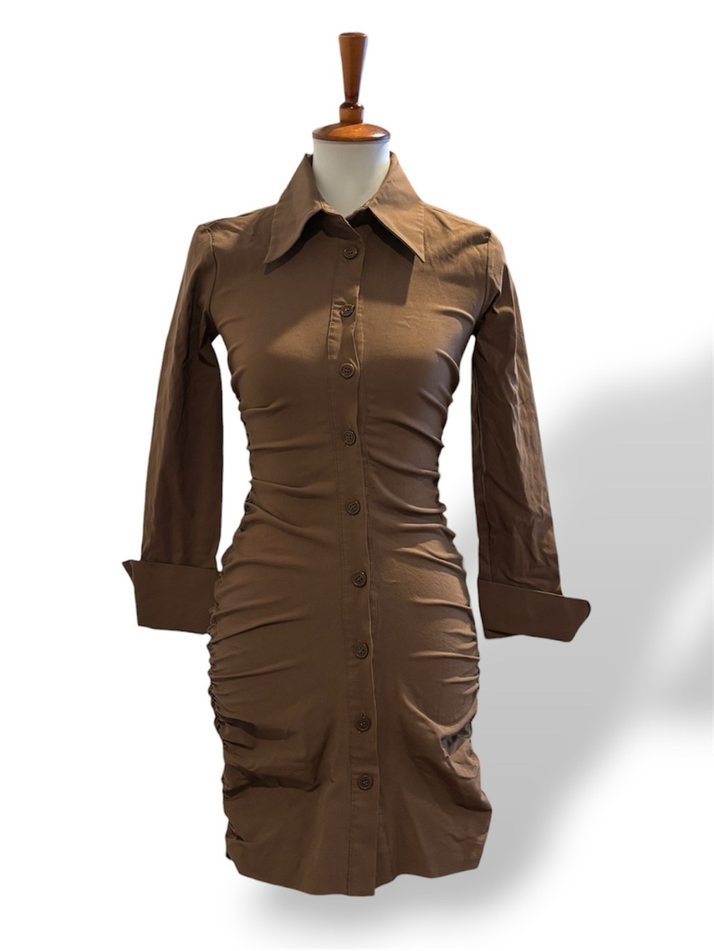 NWT Zara Brown Ruched Bodycon Shirt Dress XS